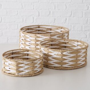 ΚΑΛΑΘΙ Set/3 ΣΤΡΟΓΓΥΛΟ ΧΑΜΗΛΟ  ΠΛΕΚΤΟ ΣΧΟΙΝΙ Aliena ΦΥΣΙΚΟ ΛΕΥΚΟ D20/25/30cm H8/10/12cm